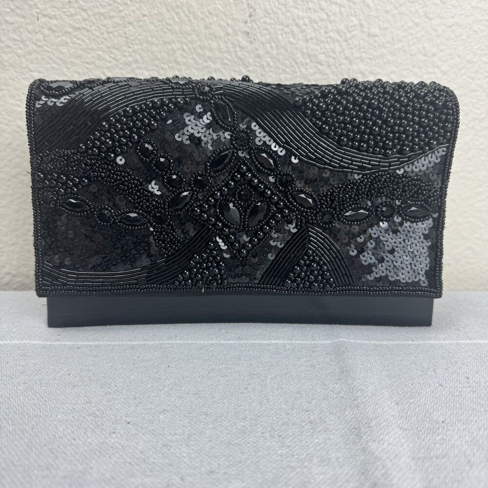 Vintage Lorenzo Heraldini Beaded Sequin Vinyl Clutch Crossbody Handbag Black